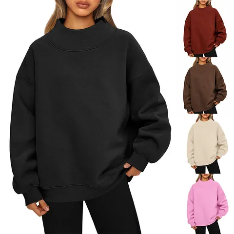 Dames Casual Oversized Opstaande Kraag Sweatshirt Lange Mouwen Effen Kleur Verlaagde Schouder Losse Pullover Top Polyester Herfst Winter Kleding
