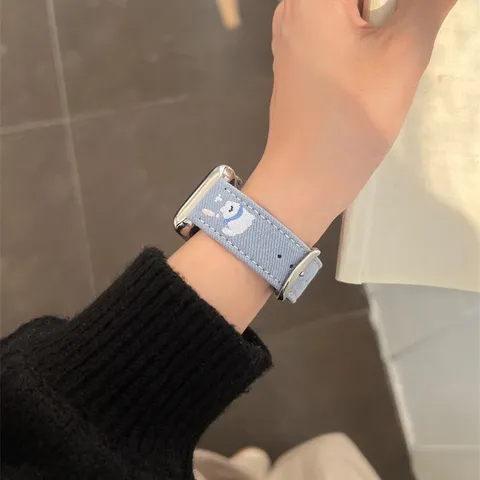 Cute Puppy And Star Embroidered Denim Watch Band Soft Fabric Replacement Strap For Smartwatch Wrist Accessory