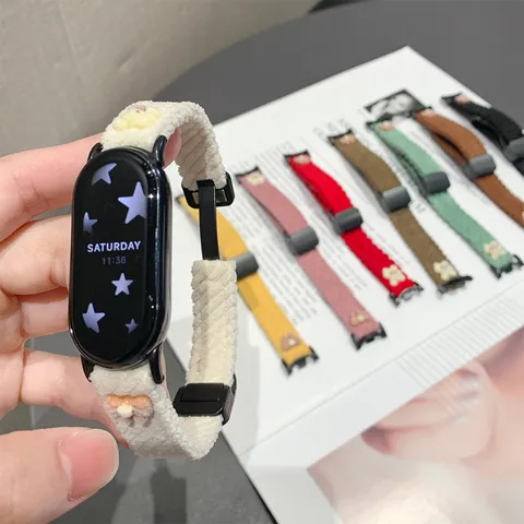 Universal Corduroy Magnetic Watch Band With Cute Bow And Bear Ornament Replacement Strap For Smart Watch Accessories