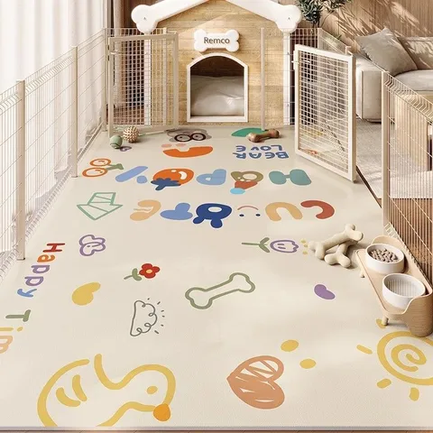 Waterproof PVC Pet Floor Mat Anti-Slip Scratch Resistant Cartoon Printed Indoor Playpen Rug For Dogs Cats Easy Clean Home Decor