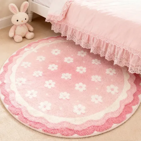 Round Faux Cashmere Floor Mat Creamy Style Scallop Edge Printed Bowknot Animal Pattern Non Slip Bedside Rug For Bedroom Living Room