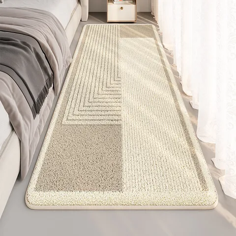 Modern Minimalist Faux Cashmere Bedside Rug Wabi-sabi Style Geometric Striped Bedroom Floor Mat Soft Plush Area Rug Home Decor