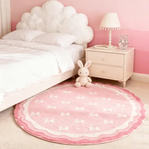 Round Faux Cashmere Floor Mat Creamy Style Scallop Edge Printed Bowknot Animal Pattern Non Slip Bedside Rug For Bedroom Living Room