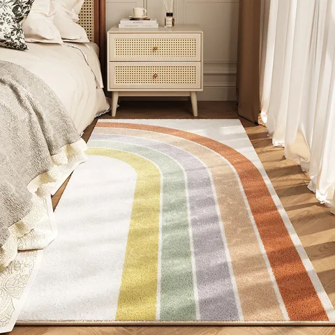 Thickened Imitation Cashmere Rainbow Bedroom Carpet Modern Minimalist Anti-Slip Bedside Rug Home Decor Floor Mat