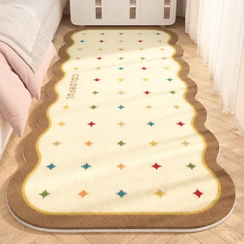 Soft Faux Cashmere Bedside Rug Wavy Edge Heart Geometric Pattern Long Runner Mat For Bedroom Balcony Washable Home Decor