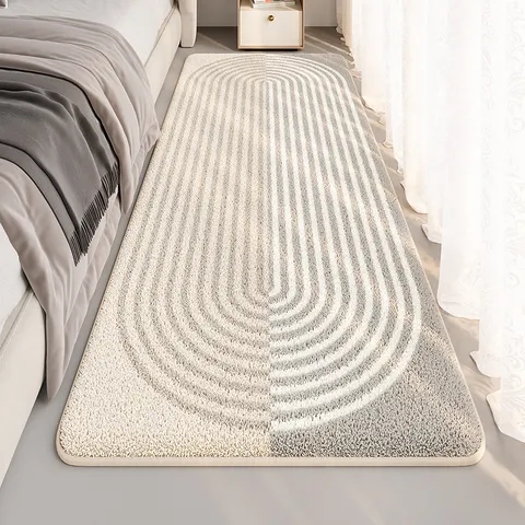 Modern Minimalist Faux Cashmere Bedside Rug Wabi-sabi Style Geometric Striped Bedroom Floor Mat Soft Plush Area Rug Home Decor