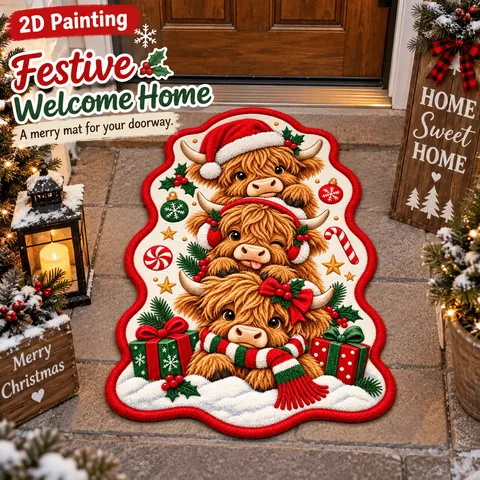 Christmas Festive Faux Cashmere Floor Mat Non-slip Irregular Shape Printed Door Mat Holiday Snowman Gingerbread Man Home Entrance Rug