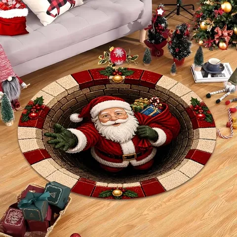 Christmas Round Crystal Velvet Rug 3D Visual Illusion Carpet Festive Santa Snowman Floor Mat Non-Slip Living Room Bedroom Decor