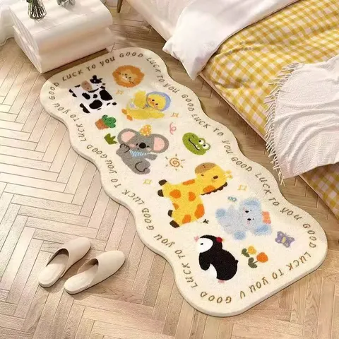 Cute Cartoon Animal Faux Cashmere Bedside Runner Rug Non-Slip Soft Bedroom Floor Mat Balcony Bay Window Pad Kids Room Carpet