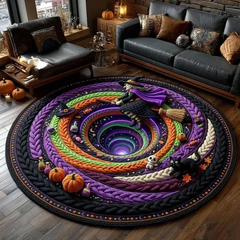 Halloween 3D Visual Effect Round Rug Imitation Cashmere Soft Decorative Carpet Living Room Bedroom Bedside Non-Slip Floor Mat Spooky Halloween Decor