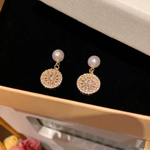Koreanische Leichte Luxus Kupfer Strass Künstliche Perle Ohrhänger Für Damen 925 Sterlingsilber Stift Geometrische Runde Ohrringe Schmuck