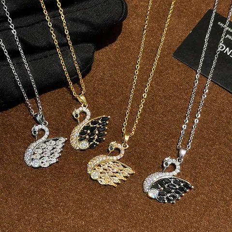 Titanstahl Schwan Anhänger Halskette Strass Zirkon Luxus Mode Elegantes Charm Schmuck Geschenk Für Damen