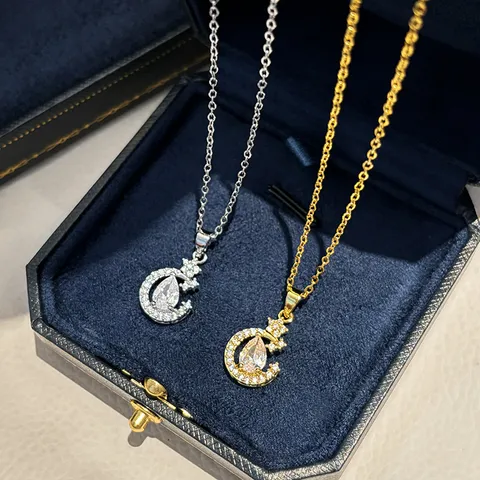Edelstahl Strass Mond Stern Anhänger Halskette für Damen Mode Schlüsselbeinkette Schmuck