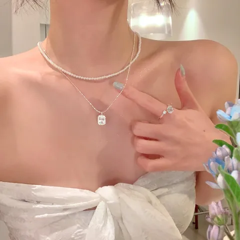 Doppellagige Titanstahl Halskette Für Damen Künstliche Perle Würfel Strass Anhänger Zierliche Choker Schmuck Geschenk