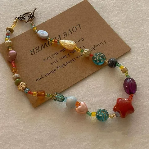 Farbenfrohe Ethnische Perlenkette für Damen Edelstahl Kupfer Künstliche Perle Sternanhänger Schlüsselbeinkette Modeschmuck