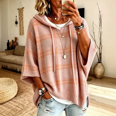 Damen Casual Karo Strick Poncho Pullover Lockerer Kordelzug Halber Ärmel Top Vintage Karierte Strickwaren Oberbekleidung