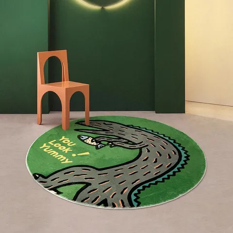 Tapis Rond Motif Dinosaure de Dessin Animé en Fausse Cachemire pour Salon Table Basse Chambre d'Enfant Antidérapant
