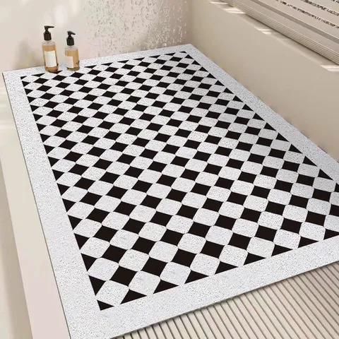 Modern Minimalist Bathroom PVC Floor Mat Anti-Slip Drainage Shower Room Foot Mat Geometric Floral Print