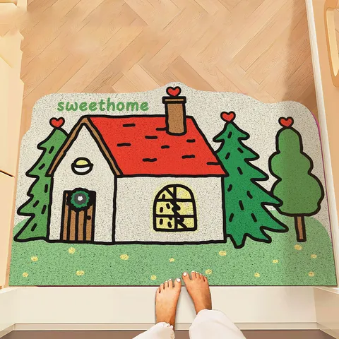 Tappetino per Pavimento in PVC con Casa di Cartoni Animati Creativi Ingresso Domestico Antiscivolo Resistente allo Sporco