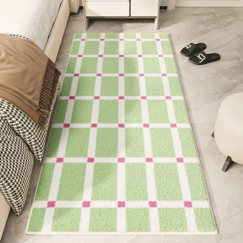 Tappeto da Camera da Letto in Imitazione Cashmere Striscia Nordica Griglia Tappetino Morbido Antiscivolo Soggiorno Comodino Decorazione