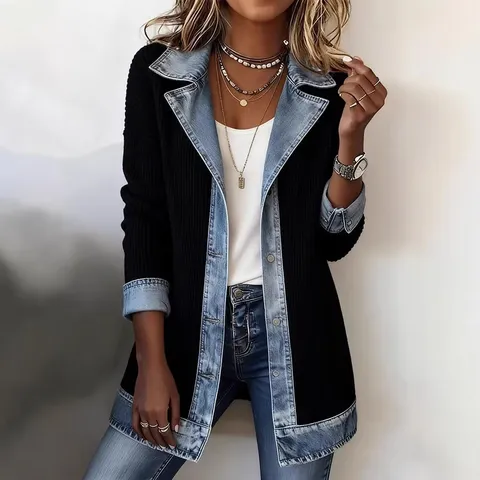 Giubbotto Donna Moda Elegante Casual Manica Lunga Revers Impilato Monopetto Tasca Misto Cotone Cappotto