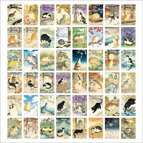 Creative Retro Cute Cartoon Japanese Illustration Cat Decorative Waterproof Sticker Set For Laptop Luggage