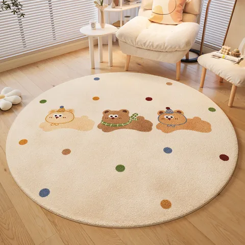 Cute Cartoon Animal Print Round Rug Soft Polyester Cashmere Look Area Rug Non Slip Floor Mat For Living Room Bedroom