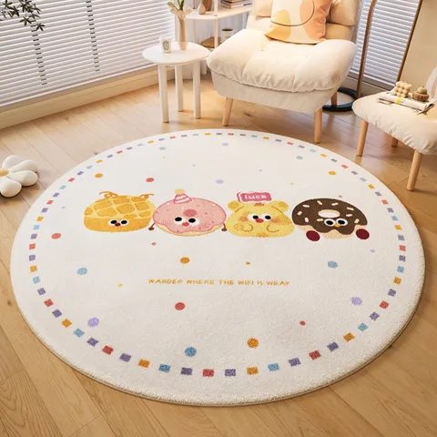 Cute Cartoon Animal Print Round Rug Soft Polyester Cashmere Look Area Rug Non Slip Floor Mat For Living Room Bedroom