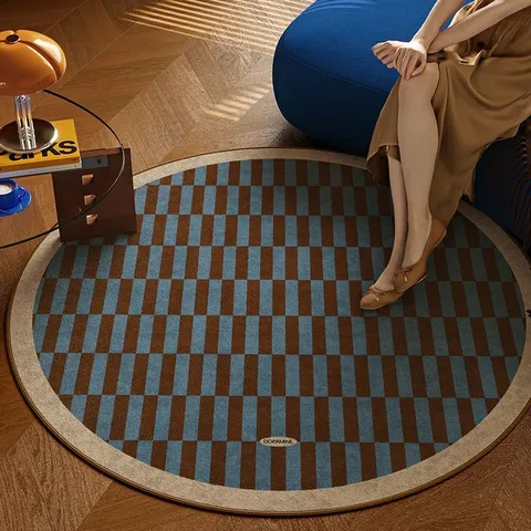 Alfombra Redonda de Sala de Estar Mid-Century Modern Retro Geométrica Terciopelo de Cristal Antideslizante