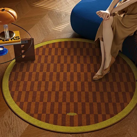 Alfombra Redonda de Sala de Estar Mid-Century Modern Retro Geométrica Terciopelo de Cristal Antideslizante
