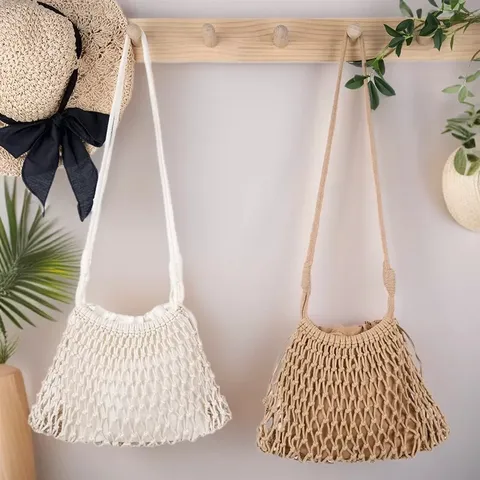 Womens Casual Cotton Blend Crossbody Bag Hollow Out Woven Mesh Shoulder Bag Small Phone Pouch Summer Beach Bag