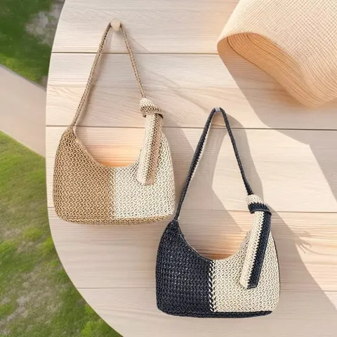 Woven Paper Fabric Shoulder Bag Two-Tone Color Block Casual Beach Handbag Stylish Tote Purse For Women Daily Vacation