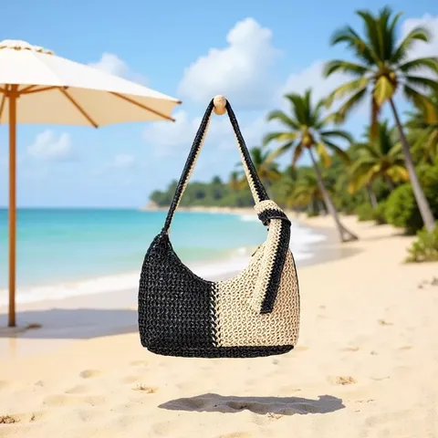 Woven Paper Fabric Shoulder Bag Two-Tone Color Block Casual Beach Handbag Stylish Tote Purse For Women Daily Vacation