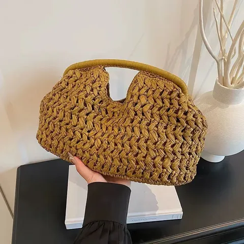 Womens Woven Straw Clutch Bag Vintage Shell Shape Beach Handbag Retro Casual Paper Rope Purse For Summer Vacation