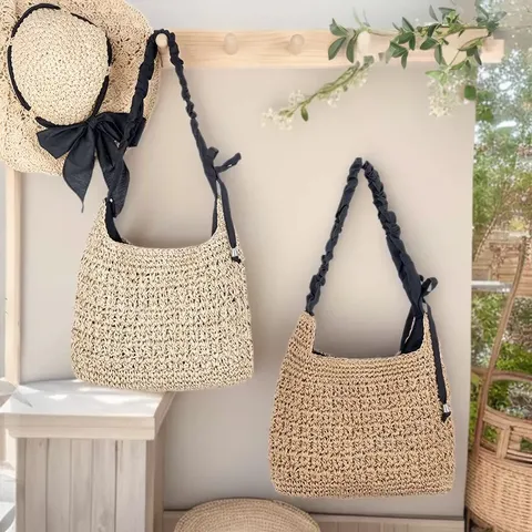 Women's Fashion Large Capacity Straw Shoulder Bag Solid Color Hollow Bow Woven Bag Casual Versatile Beach Tote Handbag