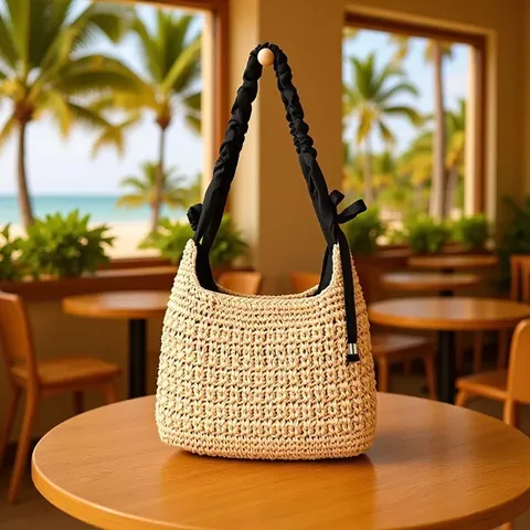 Women's Fashion Large Capacity Straw Shoulder Bag Solid Color Hollow Bow Woven Bag Casual Versatile Beach Tote Handbag