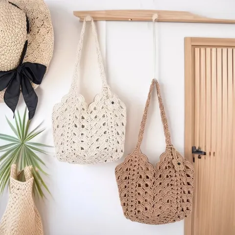 Womens Casual Cotton Crochet Woven Shoulder Bag Hollow Out Handbag Fashion Underarm Bag Daily Purse