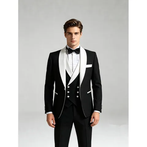 Herren Schalkragen Farbblock Anzug Set Slim Fit Dreiteiliger Smoking Für Hochzeit Party Business Gastgeber
