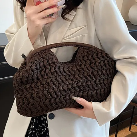 Womens Woven Straw Clutch Bag Vintage Shell Shape Beach Handbag Retro Casual Paper Rope Purse For Summer Vacation