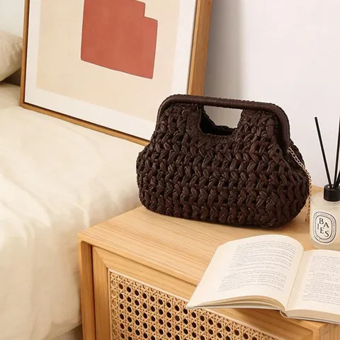 Women Straw Woven Handbag Retro Shell Shape Chain Beach Bag Casual Summer Top Handle Bag Woven Crossbody Bag For Ladies
