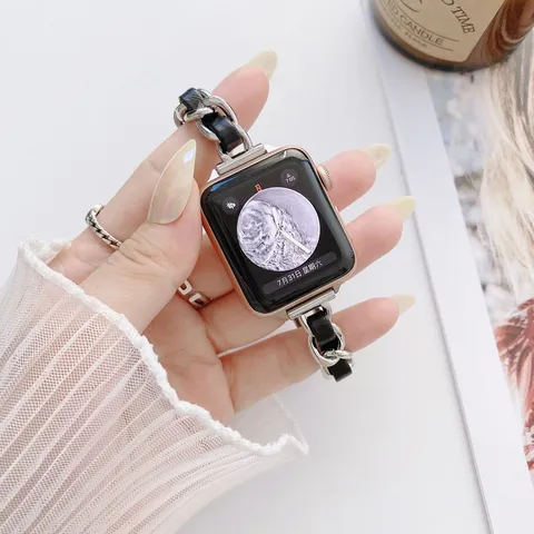 Cinturino per Orologio in Catena di Metallo e Pelle Cinturino di Ricambio Per Smartwatch Bracciale Moda Donna Accessori