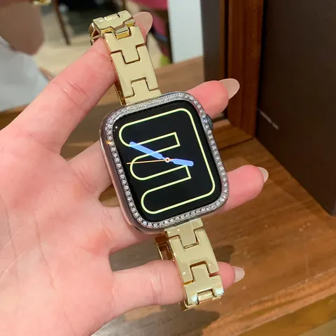 Fashion Stainless Steel H Link Watch Band With Rhinestone Case Metal Watch Strap Replacement For Smartwatch