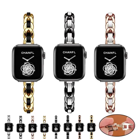 Cinturino per Orologio in Catena di Metallo e Pelle Cinturino di Ricambio Per Smartwatch Bracciale Moda Donna Accessori