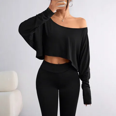 Women Casual Off Shoulder Crop Top Solid Color Leopard Print Loose Long Sleeve T-Shirt Fashion Polyester Apparel Top For Spring Summer Women Clothing