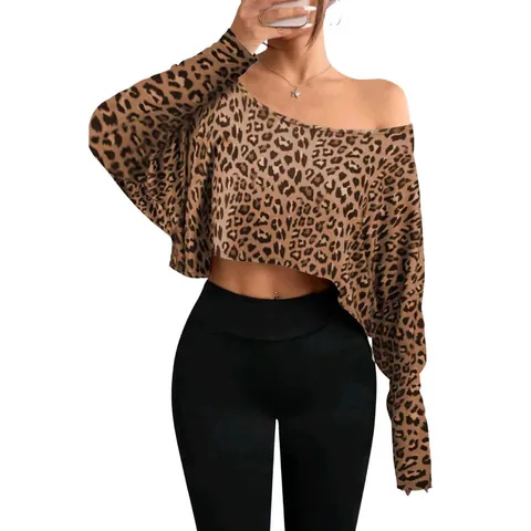 Women Casual Off Shoulder Crop Top Solid Color Leopard Print Loose Long Sleeve T-Shirt Fashion Polyester Apparel Top For Spring Summer Women Clothing