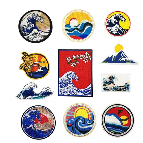 Retro Embroidered Waves Mountains Patches Iron On Cloth Applique Badges For Jackets Clothes Bags DIY Sewing Embellishments Craft