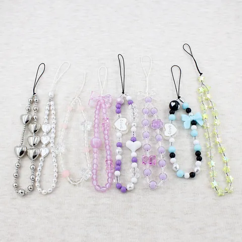 Sweet Acrylic Beaded Phone Chain For Women Star Heart Bowknot Phone Lanyard Handmade Cute Bag Charm CCD Camera Strap