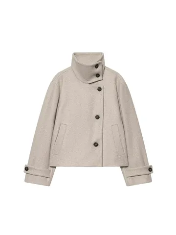 Women's Retro High Neck Short Woolen Jacket Asymmetric Buttons Loose Fit Spliced Polyester Coat For Autumn Winter Casual Top