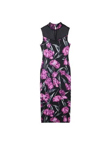 Dames Mouwloos Mesh Patchwork Floral Tulpenprint Jurk Zomer Elegant Hooggesloten Polyester Slim Fit Bodycon Midi Jurk Paars
