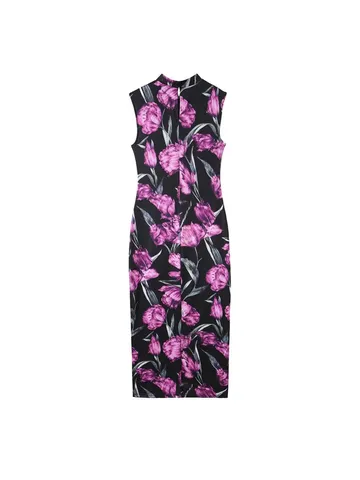 Dames Mouwloos Mesh Patchwork Floral Tulpenprint Jurk Zomer Elegant Hooggesloten Polyester Slim Fit Bodycon Midi Jurk Paars